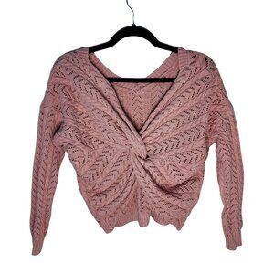 Blue Rain Womens Small Long Sleeve V-Neck Knit Sweater Pink Cross Knotted